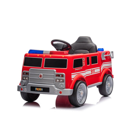12V Kids Fire Truck Ride-On – Red children's electric car with emergency lights, megaphone, fire shovel, and sprinkler, designed for kids aged 3-8, font-side view