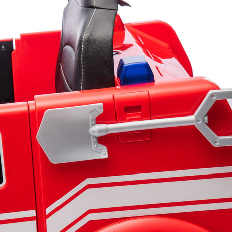 12V Kids Fire Truck Ride-On – Red children's electric car with emergency lights, megaphone, fire shovel, and sprinkler, designed for kids aged 3-8 - view of the shovel.