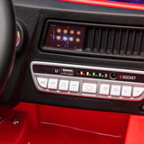 12V Kids Fire Truck Ride-On – Red children's electric car with emergency lights, megaphone, fire shovel, and sprinkler, designed for kids aged 3-8 - view of the Bluetooth music system.