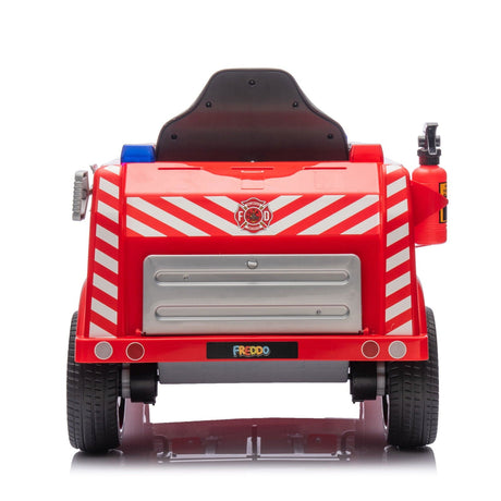 12V Kids Fire Truck Ride-On – Red children's electric car with emergency lights, megaphone, fire shovel, and sprinkler, designed for kids aged 3-8. Back view.