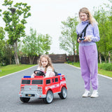12V Kids Fire Truck Ride-On – Red children's electric car with emergency lights, megaphone, fire shovel, and sprinkler, designed for kids aged 3-8. Mom and daughter playing.