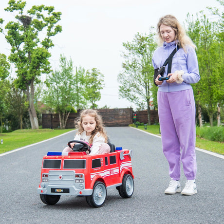 12V Kids Fire Truck Ride-On – Red children's electric car with emergency lights, megaphone, fire shovel, and sprinkler, designed for kids aged 3-8. Mom and daughter playing.