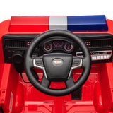 12V Kids Fire Truck Ride-On – Red children's electric car with emergency lights, megaphone, fire shovel, and sprinkler, designed for kids aged 3-8 - view of the dashboard.