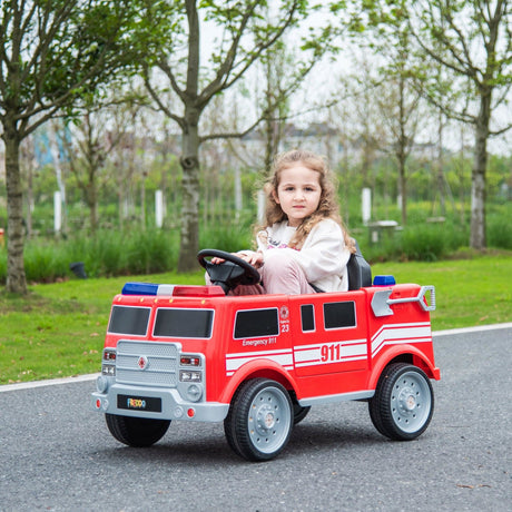 12V Kids Fire Truck Ride-On – Red children's electric car with emergency lights, megaphone, fire shovel, and sprinkler, designed for kids aged 3-8. Side view with kid sitting inside.