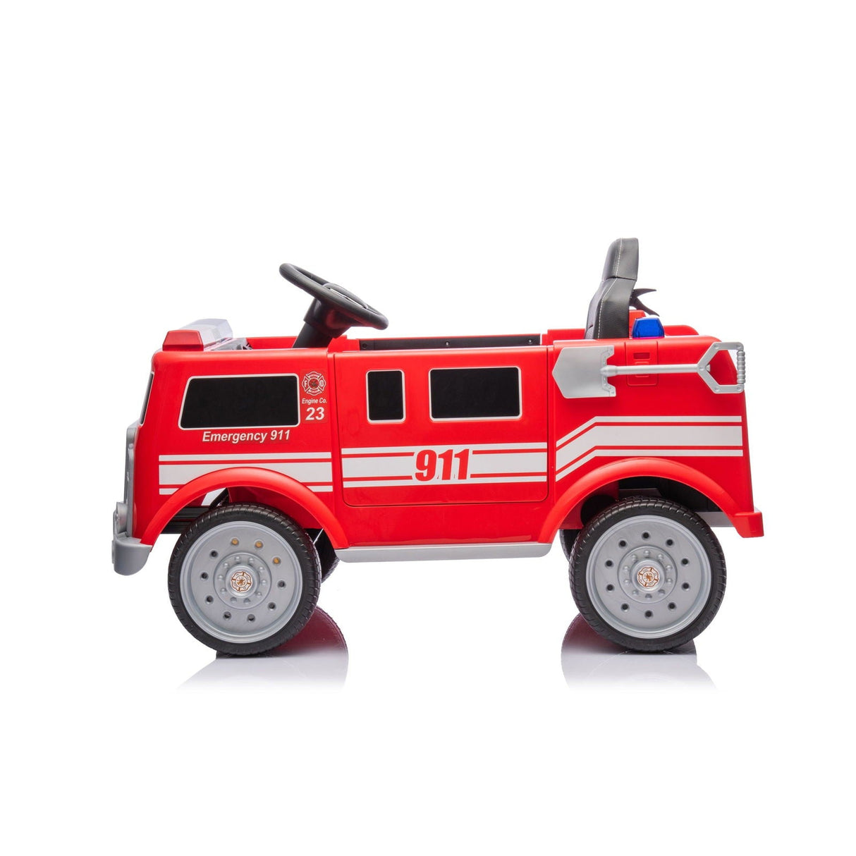 12V Kids Fire Truck Ride-On – Red children's electric car with emergency lights, megaphone, fire shovel, and sprinkler, designed for kids aged 3-8 - side view with shovel.