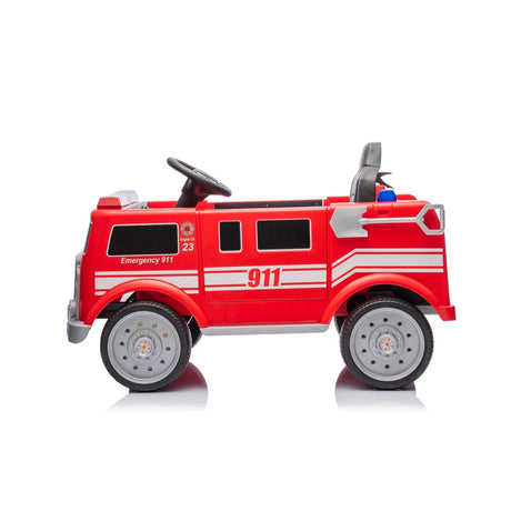 12V Kids Fire Truck Ride-On – Red children's electric car with emergency lights, megaphone, fire shovel, and sprinkler, designed for kids aged 3-8 - side view with shovel.