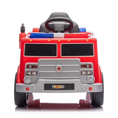 12V Kids Fire Truck Ride-On – Red children's electric car with emergency lights, megaphone, fire shovel, and sprinkler, designed for kids aged 3-8. Front view.
