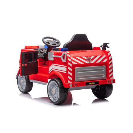 12V Kids Fire Truck Ride-On – Red children's electric car with emergency lights, megaphone, fire shovel, and sprinkler, designed for kids aged 3-8. Back view with open doors.