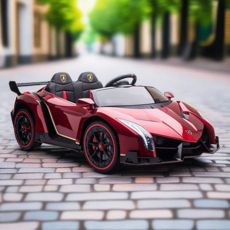 24V Kids Car Lamborghini Veneno – A sleek, black children's electric car with two seats, EVA tires, and a realistic sports car design for kids aged 3-8 - Front side view in realistic setting.