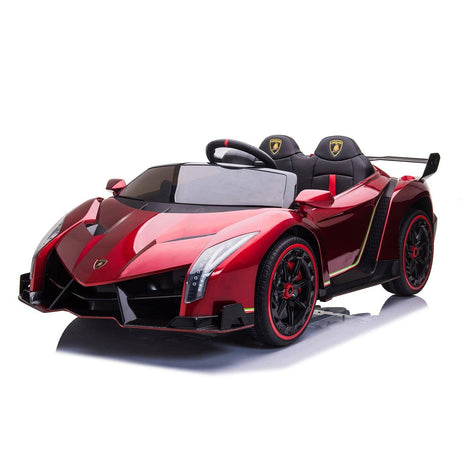 24V Kids Car Lamborghini Veneno – A sleek, black children's electric car with two seats, EVA tires, and a realistic sports car design for kids aged 3-8 - Front left side view.