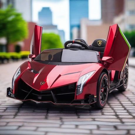 24V Kids Car Lamborghini Veneno – A sleek, black children's electric car with two seats, EVA tires, and a realistic sports car design for kids aged 3-8 - Front view outside. 