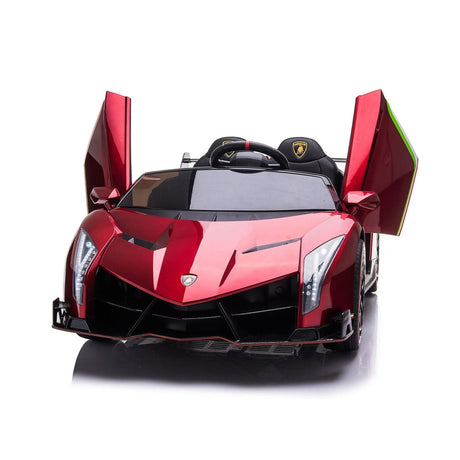 24V Kids Car Lamborghini Veneno – A sleek, black children's electric car with two seats, EVA tires, and a realistic sports car design for kids aged 3-8 - Front view with Lamborghini doors swung open.