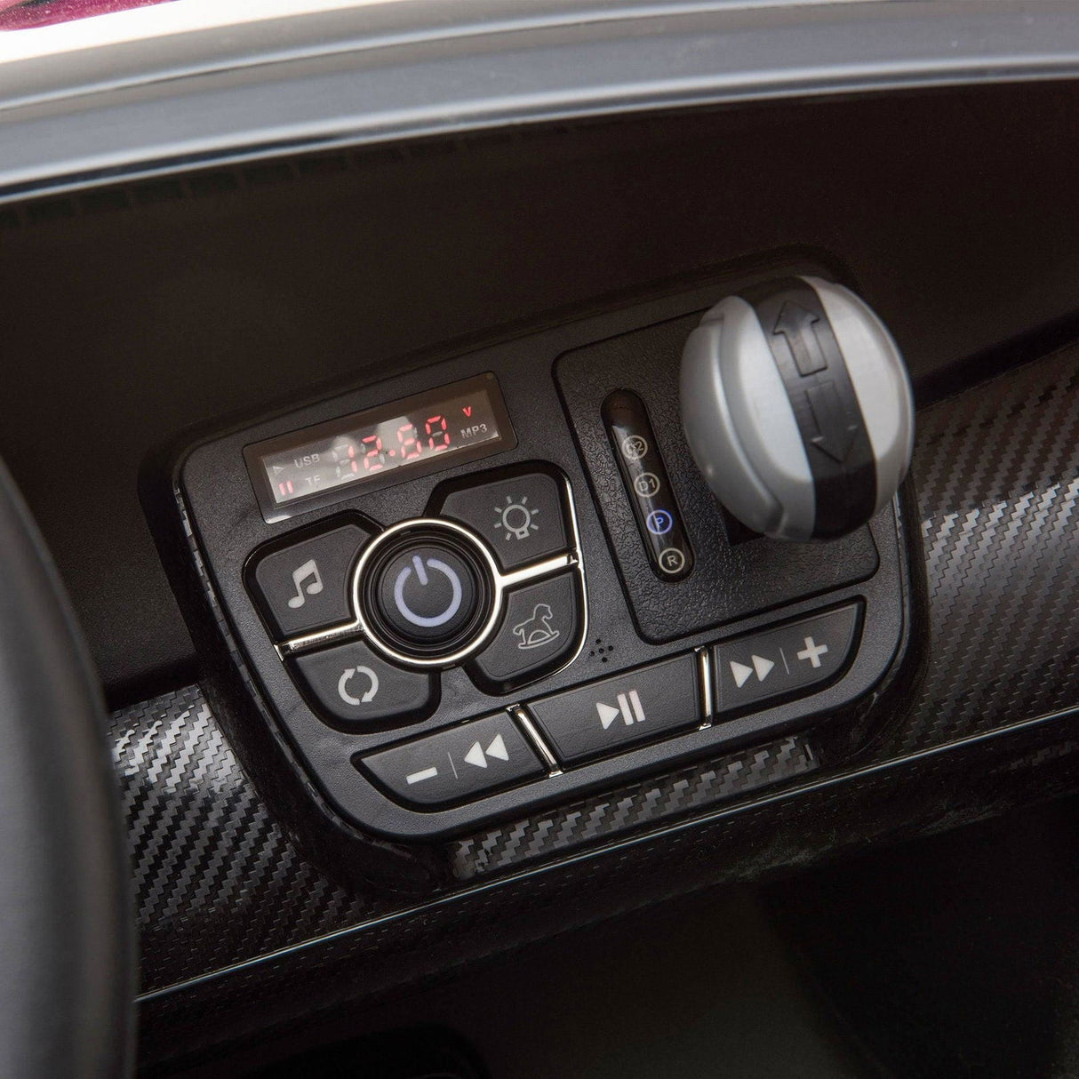 24V Kids Car Lamborghini Veneno – A sleek, black children's electric car with two seats, EVA tires, and a realistic sports car design for kids aged 3-8 - close up of dashboard.