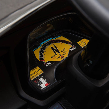 24V Kids Car Lamborghini Veneno – A sleek, black children's electric car with two seats, EVA tires, and a realistic sports car design for kids aged 3-8 - close up view of dashboard steering wheel.