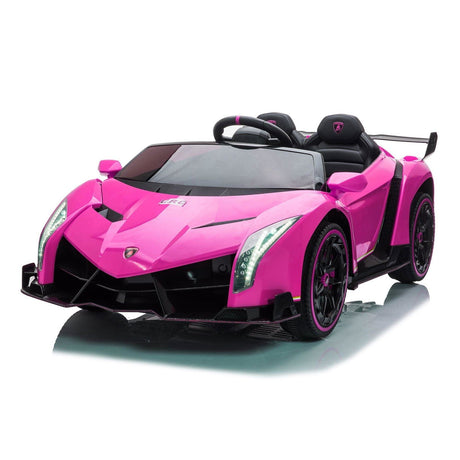 24V Kids Car Lamborghini Veneno – A sleek, black children's electric car with two seats, EVA tires, and a realistic sports car design for kids aged 3-8 - side view of pink Lamborghini. 