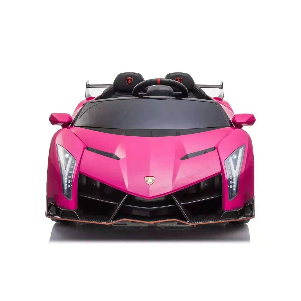 24V Kids Car Lamborghini Veneno – A sleek, black children's electric car with two seats, EVA tires, and a realistic sports car design for kids aged 3-8 - Front view of pink Lamborghini.