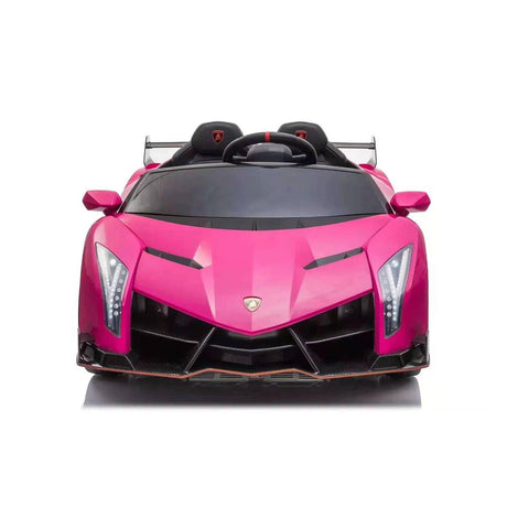 24V Kids Car Lamborghini Veneno – A sleek, black children's electric car with two seats, EVA tires, and a realistic sports car design for kids aged 3-8 - Front view of pink Lamborghini.