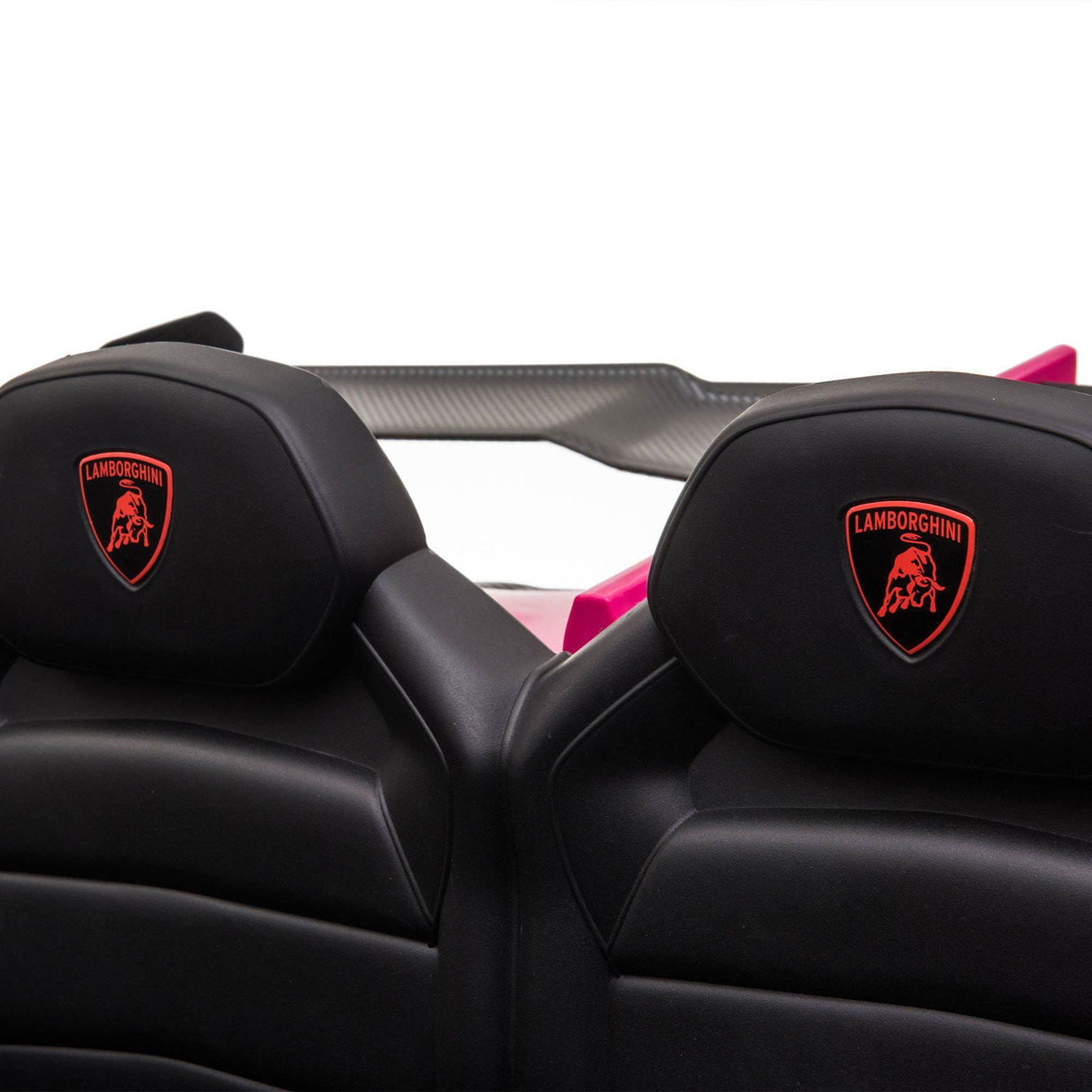24V Kids Car Lamborghini Veneno – A sleek, black children's electric car with two seats, EVA tires, and a realistic sports car design for kids aged 3-8 - close up view of leather seats with Lamborghini emblem.