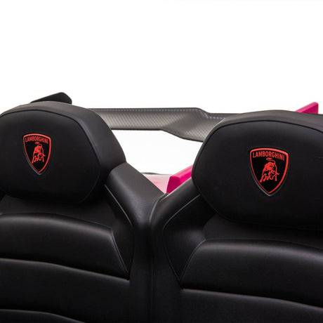 24V Kids Car Lamborghini Veneno – A sleek, black children's electric car with two seats, EVA tires, and a realistic sports car design for kids aged 3-8 - close up view of leather seats with Lamborghini emblem.