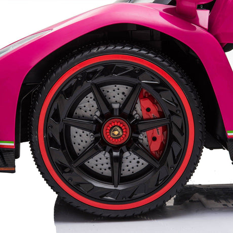 24V Kids Car Lamborghini Veneno – A sleek, black children's electric car with two seats, EVA tires, and a realistic sports car design for kids aged 3-8 - view of wheel and rim close up.