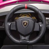 24V Kids Car Lamborghini Veneno – A sleek, black children's electric car with two seats, EVA tires, and a realistic sports car design for kids aged 3-8 - close up view of steering wheel with Lamborghini emblem.