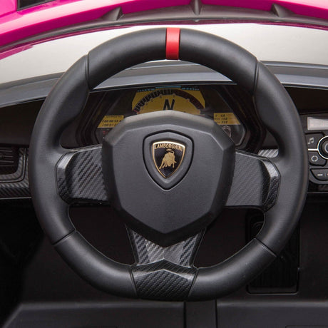 24V Kids Car Lamborghini Veneno – A sleek, black children's electric car with two seats, EVA tires, and a realistic sports car design for kids aged 3-8 - close up view of steering wheel with Lamborghini emblem.