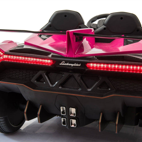 24V Kids Car Lamborghini Veneno – A sleek, black children's electric car with two seats, EVA tires, and a realistic sports car design for kids aged 3-8 - back view of pink Lamborghini. 