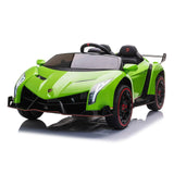 24V Kids Car Lamborghini Veneno – A sleek, black children's electric car with two seats, EVA tires, and a realistic sports car design for kids aged 3-8 - side view of lime green Lamborghini. 