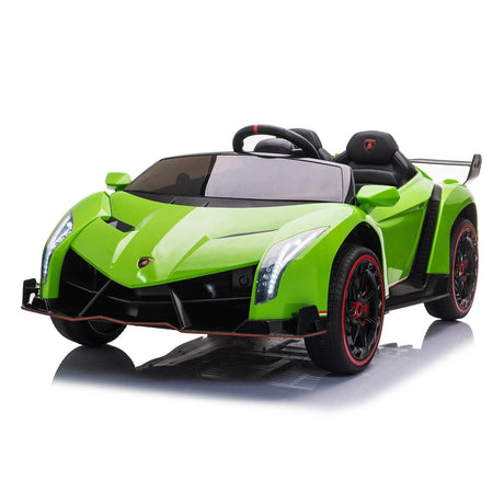 24V Kids Car Lamborghini Veneno – A sleek, black children's electric car with two seats, EVA tires, and a realistic sports car design for kids aged 3-8 - side view of lime green Lamborghini. 