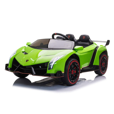 24V Kids Car Lamborghini Veneno – A sleek, black children's electric car with two seats, EVA tires, and a realistic sports car design for kids aged 3-8 - side view number 2 of green Lamborghini.