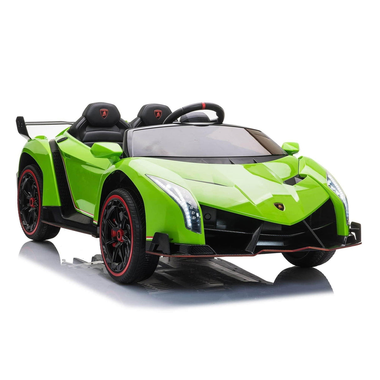 24V Kids Car Lamborghini Veneno – A sleek, black children's electric car with two seats, EVA tires, and a realistic sports car design for kids aged 3-8 - right side view of green Lamborghini. 