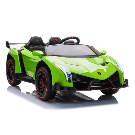 24V Kids Car Lamborghini Veneno – A sleek, black children's electric car with two seats, EVA tires, and a realistic sports car design for kids aged 3-8 - right side view of green Lamborghini. 