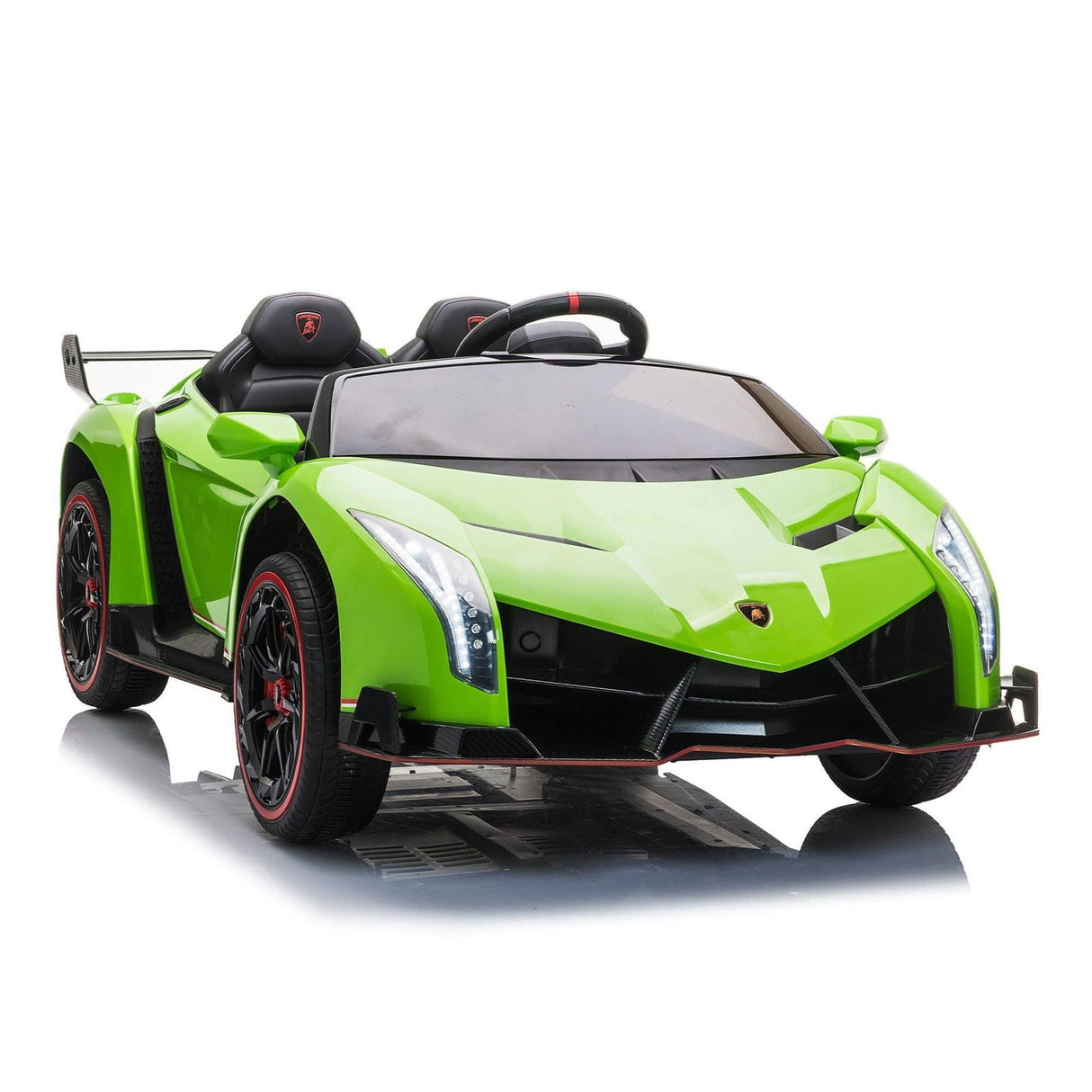 24V Kids Car Lamborghini Veneno – A sleek, black children's electric car with two seats, EVA tires, and a realistic sports car design for kids aged 3-8 - right side view number 2 of lime green Lamborghini.