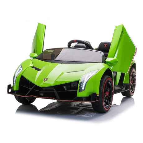 24V Kids Car Lamborghini Veneno – A sleek, black children's electric car with two seats, EVA tires, and a realistic sports car design for kids aged 3-8 - side view with open Lamborghini doors.