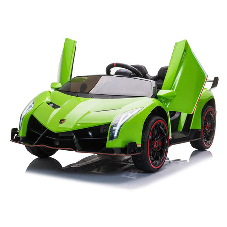 24V Kids Car Lamborghini Veneno – A sleek, black children's electric car with two seats, EVA tires, and a realistic sports car design for kids aged 3-8 - side view of open Lamborghini doors on lime green Lamborghini.