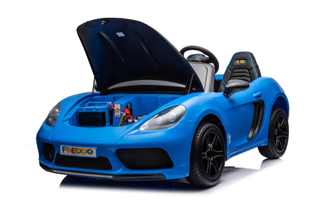 48V Turbo Racer Kids Electric Car – A high-speed, two-seater children's ride-on with a 600W motor, leather seats, LED lights, and all-terrain air tires - front side view with open hood of blue turbo racer.