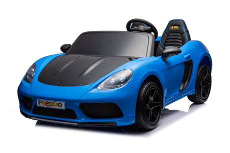48V Turbo Racer Kids Electric Car – A high-speed, two-seater children's ride-on with a 600W motor, leather seats, LED lights, and all-terrain air tires - side view of blue Turbo racer.