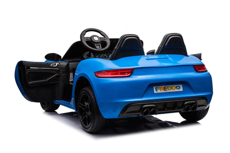48V Turbo Racer Kids Electric Car – A high-speed, two-seater children's ride-on with a 600W motor, leather seats, LED lights, and all-terrain air tires - back/side view of blue turbo racer.