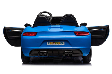 48V Turbo Racer Kids Electric Car – A high-speed, two-seater children's ride-on with a 600W motor, leather seats, LED lights, and all-terrain air tires - back view with open doors of blue turbo racer.