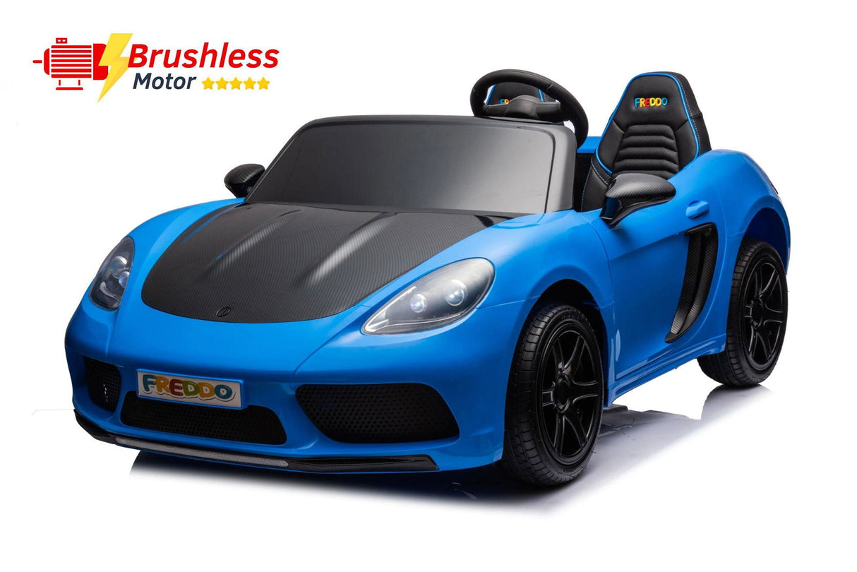 48V Turbo Racer Kids Electric Car – A high-speed, two-seater children's ride-on with a 600W motor, leather seats, LED lights, and all-terrain air tires - side view of blue turbo racer with brushless motor.