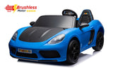 48V Turbo Racer Kids Electric Car – A high-speed, two-seater children's ride-on with a 600W motor, leather seats, LED lights, and all-terrain air tires - side view of blue turbo racer with brushless motor.