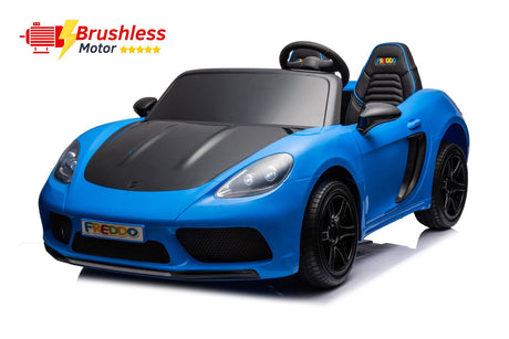 48V Turbo Racer Kids Electric Car – A high-speed, two-seater children's ride-on with a 600W motor, leather seats, LED lights, and all-terrain air tires - side view of blue turbo racer with brushless motor.