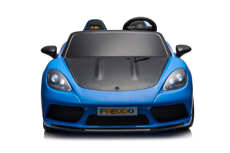 48V Turbo Racer Kids Electric Car – A high-speed, two-seater children's ride-on with a 600W motor, leather seats, LED lights, and all-terrain air tires - Front view of blue turbo racer.