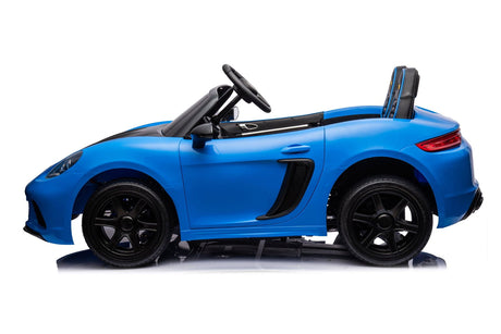 48V Turbo Racer Kids Electric Car – A high-speed, two-seater children's ride-on with a 600W motor, leather seats, LED lights, and all-terrain air tires - side view of blue 48v turbo racer.