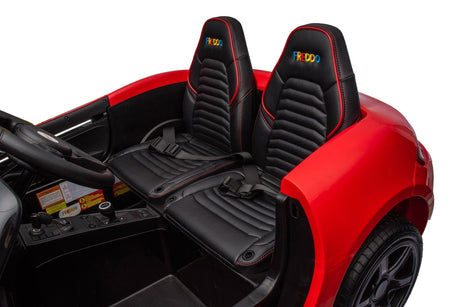 48V Turbo Racer Kids Electric Car – A high-speed, two-seater children's ride-on with a 600W motor, leather seats, LED lights, and all-terrain air tires - view of leather seats with seat belts.
