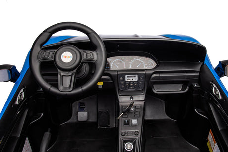48V Turbo Racer Kids Electric Car – A high-speed, two-seater children's ride-on with a 600W motor, leather seats, LED lights, and all-terrain air tires - view of the dashboard.