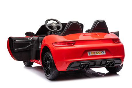 48V Turbo Racer Kids Electric Car – A high-speed, two-seater children's ride-on with a 600W motor, leather seats, LED lights, and all-terrain air tires - back side view of red turbo racer.