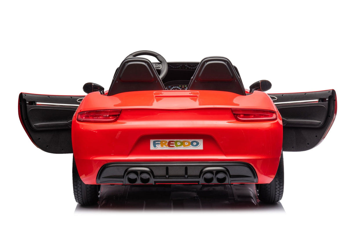 48V Turbo Racer Kids Electric Car – A high-speed, two-seater children's ride-on with a 600W motor, leather seats, LED lights, and all-terrain air tires - back view of 48v Red Turbo Racer.