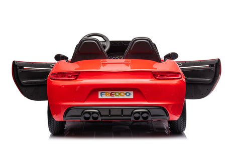 48V Turbo Racer Kids Electric Car – A high-speed, two-seater children's ride-on with a 600W motor, leather seats, LED lights, and all-terrain air tires - back view of 48v Red Turbo Racer.