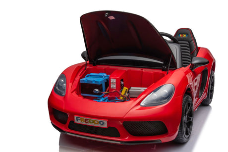 48V Turbo Racer Kids Electric Car – A high-speed, two-seater children's ride-on with a 600W motor, leather seats, LED lights, and all-terrain air tires - Front view open hood of red turbo racer.